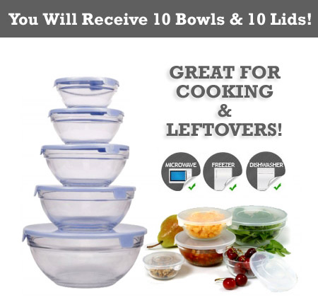 10 Piece Glass Cooking /  Storage / Mixing Bowl Set With Lids