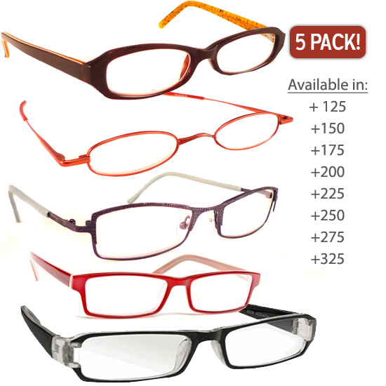 5 Pack - Fashion Reading Glasses - Choose your power level!