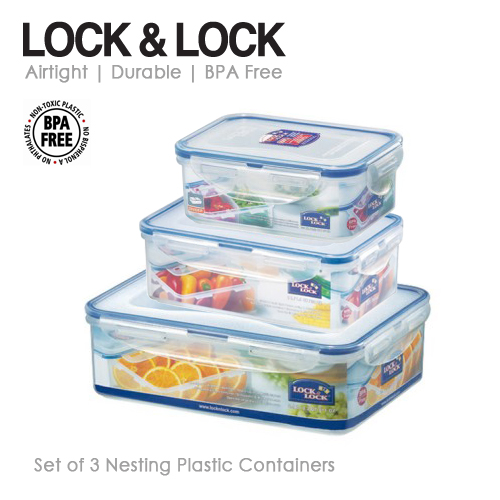 Lock and Lock Airtight Plastic Food Containers - Set of 3 Nesting Rectangular Pieces