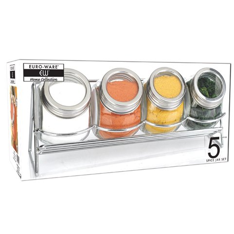 5 Piece Glass Spice Jar and Chrome Spice Rack Set - Keep Your Essential Spices at Hand