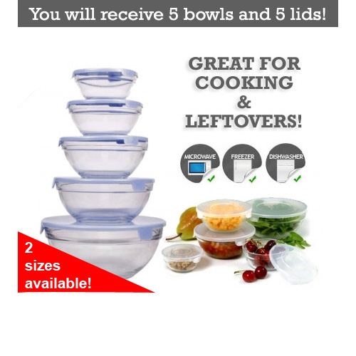 5 Piece Glass Bowls w/ Lids Set - Choose From 2 Sizes - SHIPS FREE!