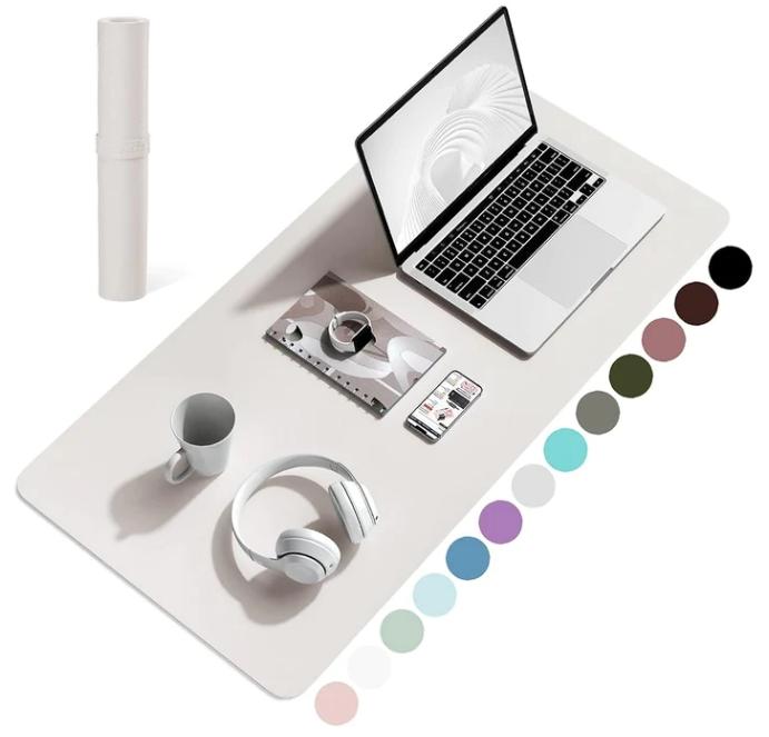 *TWO PACK* Leather Desk Pad Protector, Non-Slip PU Leather Office Desk Mat, LIGHT GREY- Protect your desk with this stylish non-slip mat! It doubles as a mouse pad, creating a more organized and clean desk space!