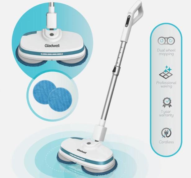 Gladwell Cordless Electric Mop With 3 In 1 Spinner, Scrubber, Waxer - Quiet and powerful dual spin motors clean incredibly fast to remove grime, dirt, and stains on your floor. The gliders work on all surfaces, including marble, wood, tile, or laminate floors. Give your floors that professional-looking sparkle! - SHIPS FREE!