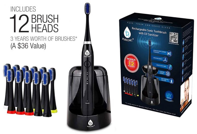 Pursonic S750 Sonic Toothbrush with 12 Bonus Replacement Heads & UV Sanitizer. Get far cleaner teeth! The built-in UV sanitizer insures that you\'re brushing with a CLEAN brush head, not something that has picked up all sorts of things in your bathroom - SHIPS FREE!