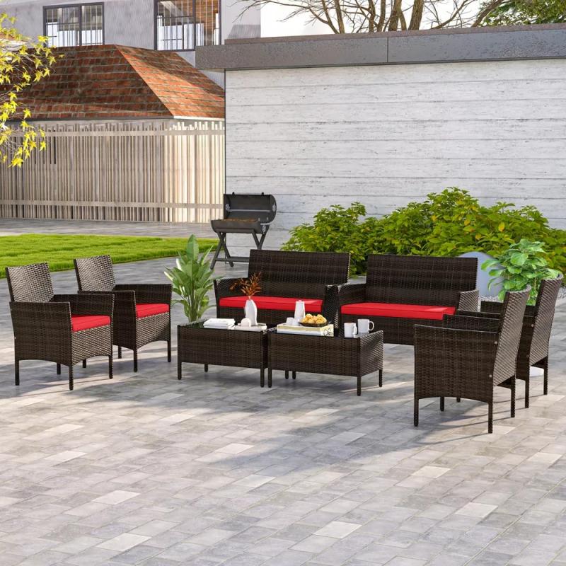 8 Piece Set: Patio Furniture Set with Washable Cushions and Tempered Glass Coffee Table. 3 Other colors Available - Stylish and functional outdoor seating solution designed for comfort and durability. This set includes multiple seating options with washable cushions for easy maintenance and a tempered glass coffee table for added elegance and convenience- SHIPS FREE! 