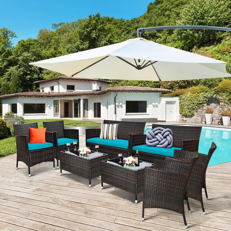 8 Piece Set: Patio Furniture Set with Washable Cushions and Tempered Glass Coffee Table-TURQUOISE . This set includes multiple seating options with washable cushions for easy maintenance and a tempered glass coffee table for added elegance and convenience- SHIPS FREE! 