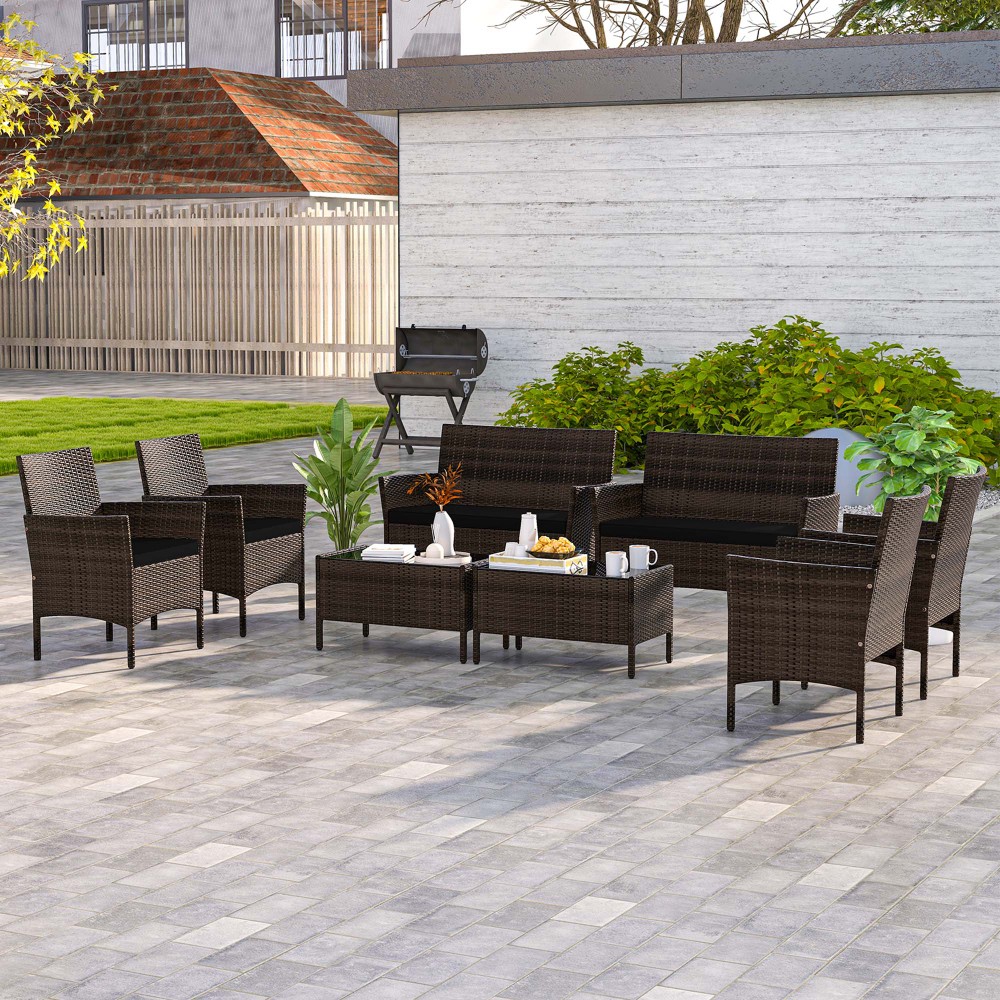 8 Piece Set: Patio Furniture Set with Washable Cushions and Tempered Glass Coffee Table. BLACK stylish and functional outdoor seating solution designed for comfort and durability. This set includes multiple seating options with washable cushions for easy maintenance and a tempered glass coffee table for added elegance and convenience- SHIPS FREE! 
