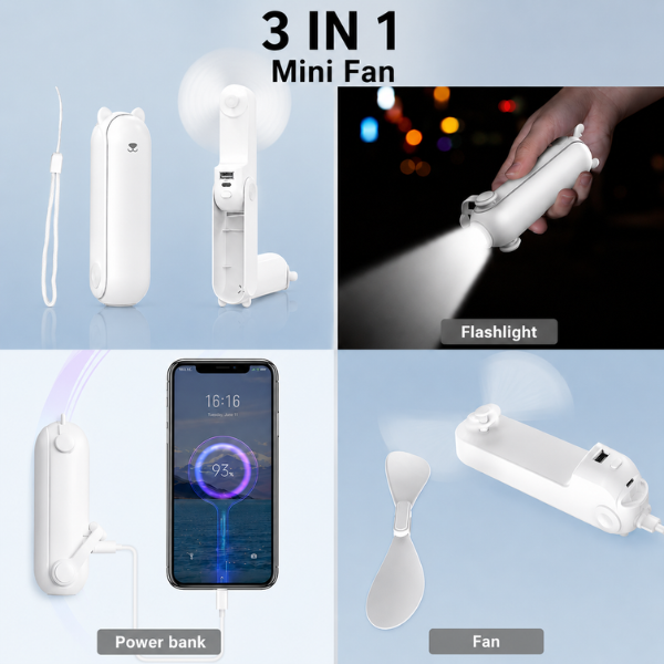 Personal Handheld Mini Fan With Power Bank And Flashlight - Your all-in-one summer essential gadget! Featuring a compact 4 in 1 device to keep you cool while powering your devices. The flashlight is perfect for illuminating your path or finding those missing items in your purse or bag. These make great gifts, too! - SHIPS FREE!