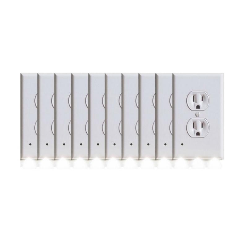 10 PACK OF Outlet Covers with LED Nightlight- 2 STYLES. These sleek outlet plates are designed to safely light up your home without using outlet space and without costly electric bills. Simple and easy to install, just remove the existing outlet plate and replace it with this highly efficient, low energy night light. The LED bulbs will last for years, keeping you and your loved ones safe, while saving money from replacing the traditional night light bulbs- SHIPS FREE! 