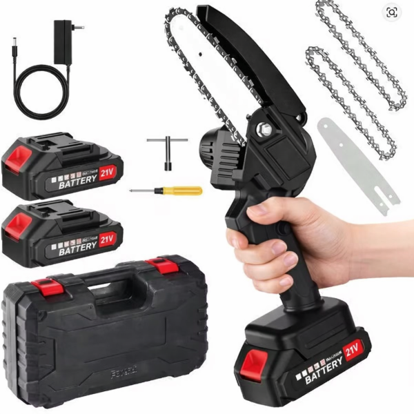 One Handed Cordless Mini Chainsaw With Two Batteries- The smaller size and being battery operated means it\'s easier to handle to get smaller tasks done easily without that dreaded \