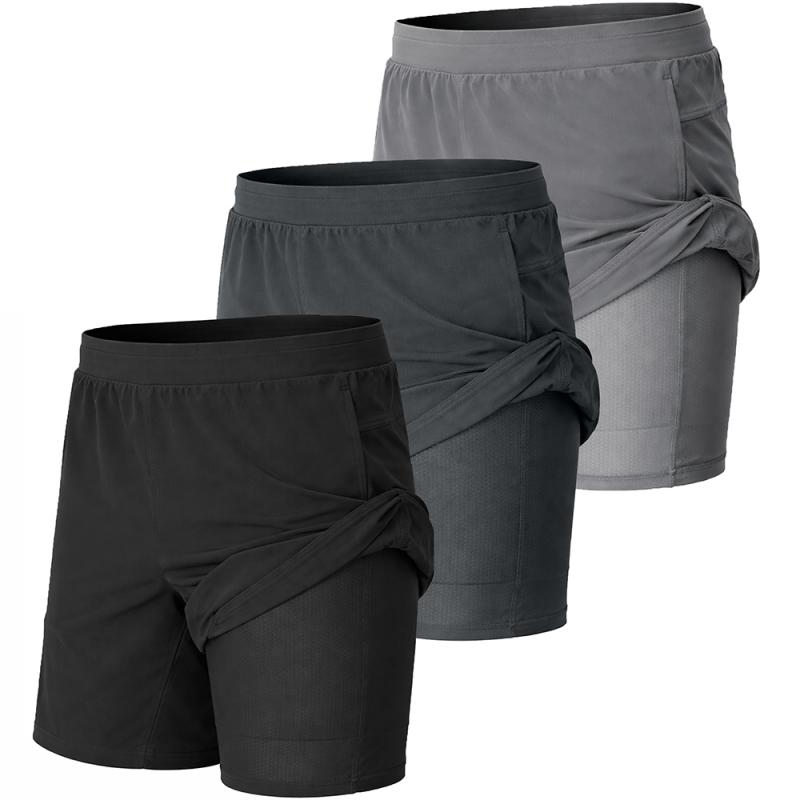 3 PACK OF Men\'s Active Performance 2 in 1 Workout Shorts with Liner.  Quick Dry, Pockets, Dual Layer & Compression Liner- Black, Grey & Navy - SHIPS FREE!