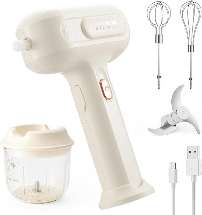 3-in-1 Hand Mixer, hand mixer electric handheld with Garlic Chopper to Cutting Onions, Peppers, 3-Speed Self-Control Electric Mixer with Type-C Charging Cable for Whipping or Mixing Eggs & Cream- SHIPS FREE! 