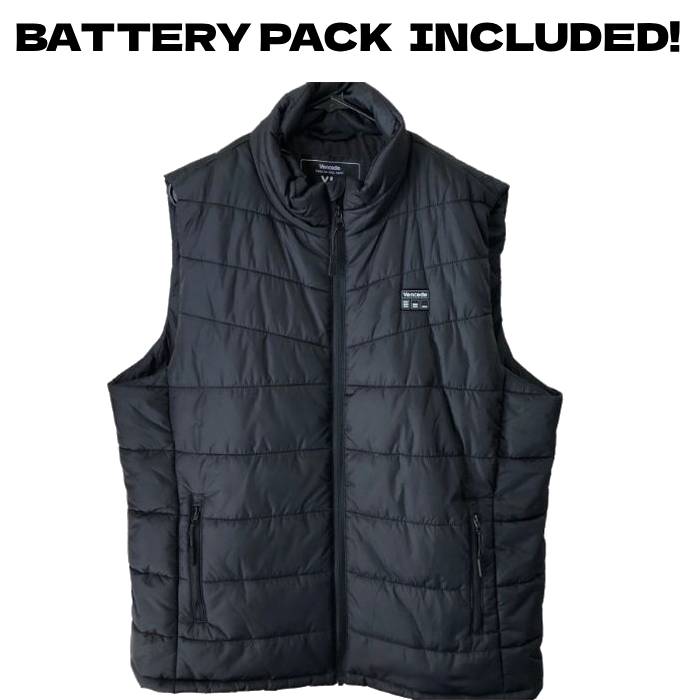 Heated Vest WITH INCLUDED BATTERY PACK - Comes with a battery pack, wind-resistant shell, 7 heat zones (chest, back, shoulders) and 3 adjustable heat levels - Available in Men\'s and Women\'s, however the men\'s can be worn by women obviously. IMPORTANT SIZE INFO: We tested these out and found the following. The women\'s small fits true to size. The men\'s sizes fit 1 size smaller. So the 2XL fits liike a XL and the 3XL fits like a 2XL - SHIPS FREE!
