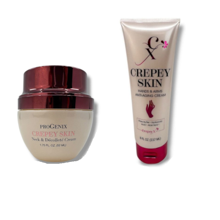 Crepey Skin Cream - Choose from <strong>Crepey Skin Hands and Arms Anti-Aging Cream</strong> - This rich, handcrafted formula is infused with essential botanicals and advanced ingredients that work to protect your skin\'s barrier AND <strong>Progenix Crepey Skin Neck and Decollete Cream</strong> - Formulated with a powerhouse blend of Collagen, Aloe Vera, Shea Butter, Extra Virgin Olive Oil, and Castor Oil, our cream helps to rejuvenate your skin from head to toe while deeply conditioning, leaving your skin visibly soft and supple - $2.89 shipping, but order both and SHIPPING IS FREE!