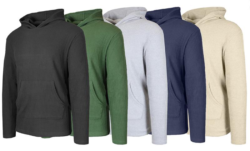 3 PACK OF: Men\'s Waffle Knit Cotton Thermal Pullover Hoodie (S-3XL). Includes a front kangaroo pocket for convenience and warmth, ideal for keeping hands cozy or storing small essentials- SHIPS FREE! 