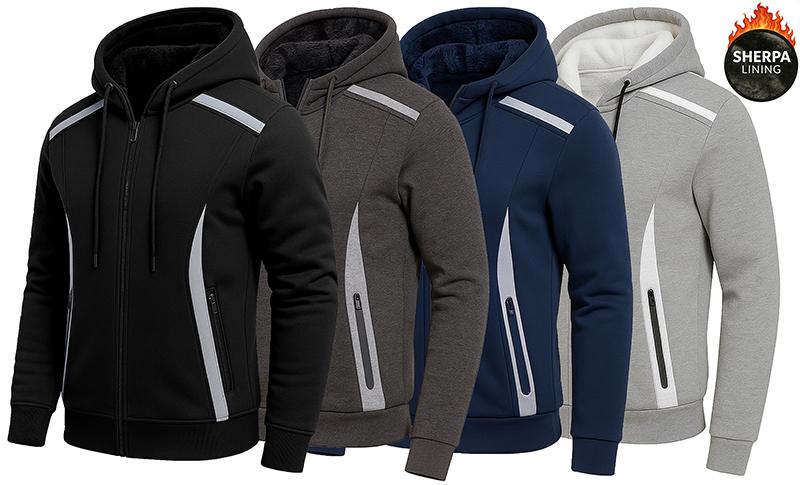 2 PACK OF Men\'s Super Warm Sherpa Fleece-Lined Reflective Tech Full Zip Hoodie (S-2XL). Features a full-zip closure, adjustable drawstring hood, and two secure side zipper pockets for convenient storage - SHIPS FREE! 
