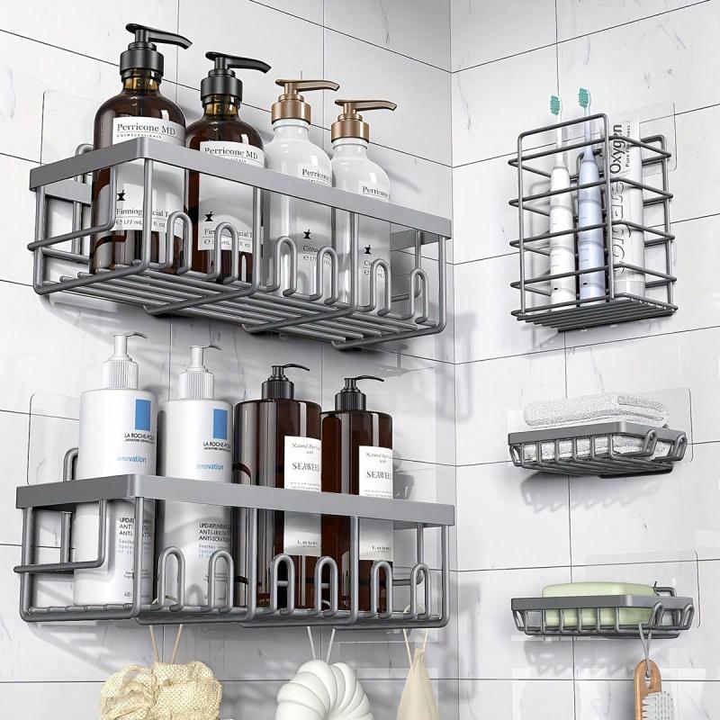 5 Piece Set: Shower Caddy with Large Capacity No Drill Adhesive Bath Shelves - Heavy-Duty Suitable for Bathroom Storage, Easy Install on Smooth Walls, Adhesive Mount Organizers (No Drilling Required) - SHIPS FREE!