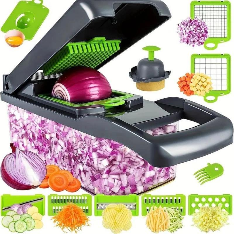 16 in 1 Multifunctional Kitchen Chopper Set. Cut fruits or vegetables to fit the container, insert the desired blade, and press to dice, slice, or chop - SHIPS FREE! 