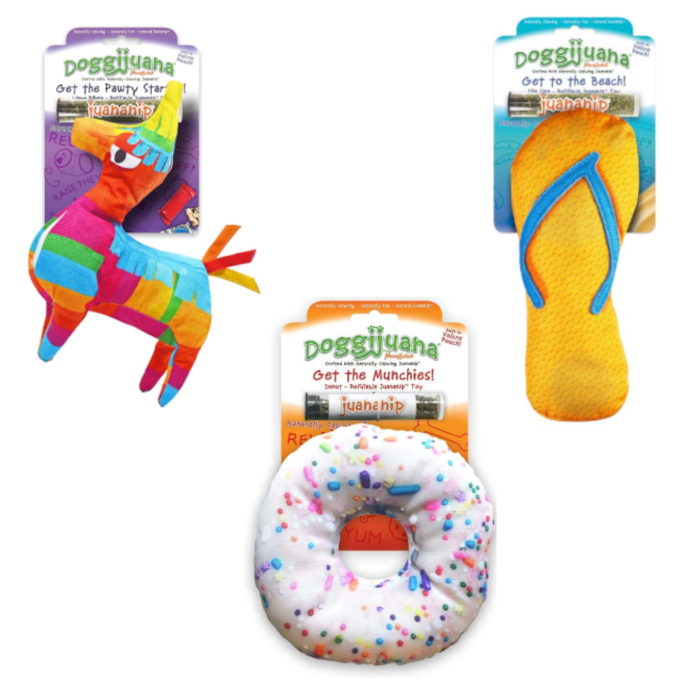 3 Pack of Calming Doggijuana Refillable Dog Toys with Naturally Calming Juananip (High grade catnip) - Catnip has a very calming affect on most dogs - Use the toys with or without it - GREAT deal because you will receive a random assortment of Donut, Flip Flop or Llama Party Pinata - SHIPS FREE!