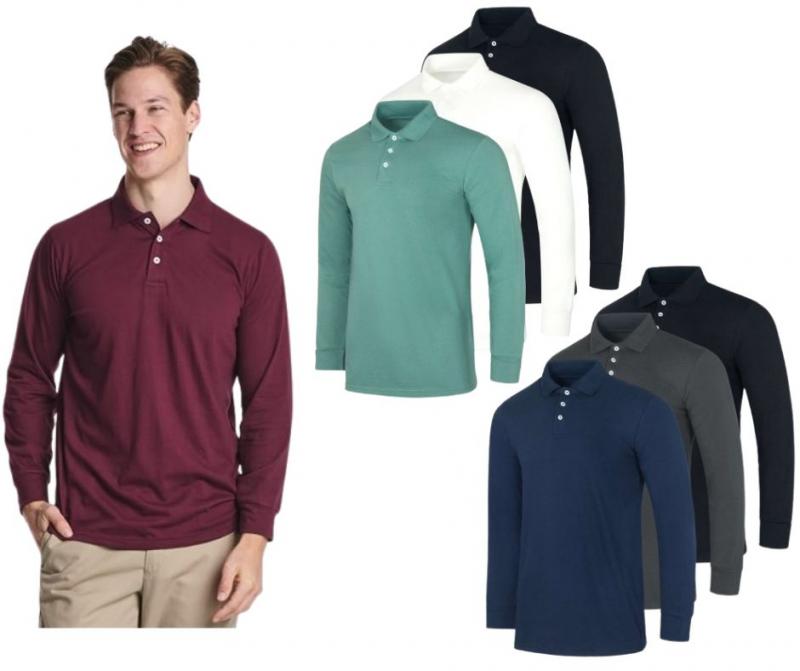 6 PACK OF Men\'s Cotton Blend Jersey Long-Sleeve Polo Shirts. Perfect for everyday wear or casual events. Color are chosen at random. Each order will include 2 Black & 4 assorted colors. Available in Sizes Small-3X- SHIPS FREE!