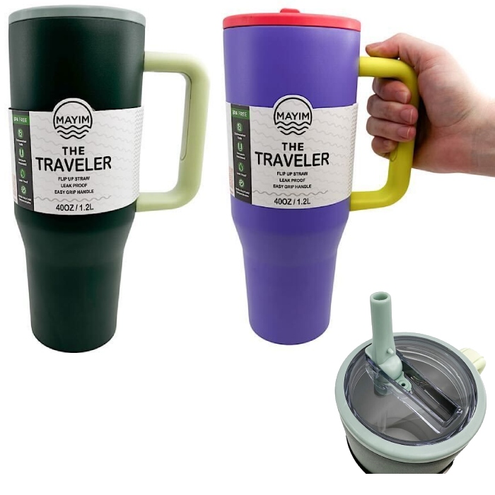 Mayim Traveler 40oz Tumbler with Handle & Built-In Flip Up Straw - Choose Green or Multi-Color - SHIPS FREE!