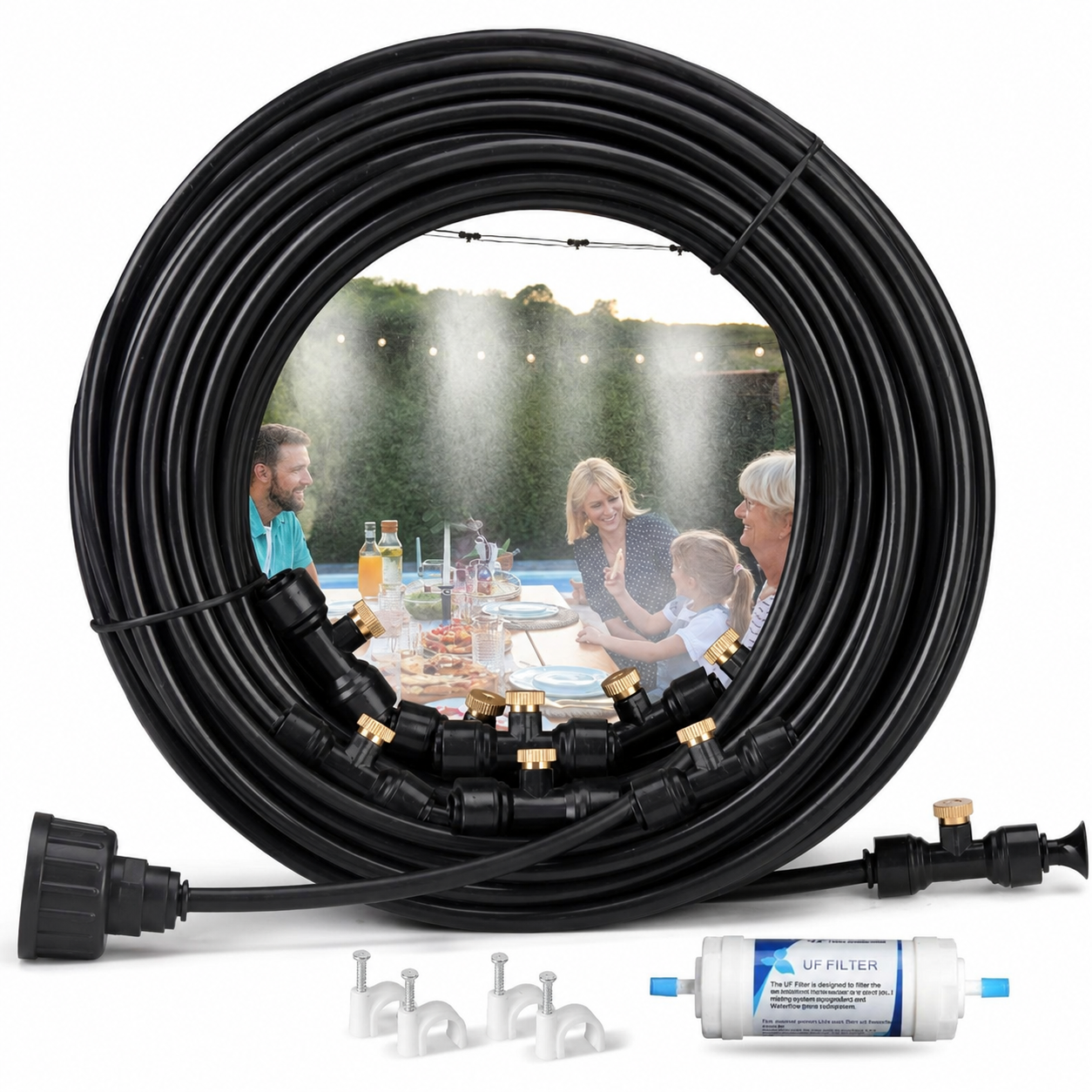 Outdoor Connectible Misting Cooling System‌ - <strong>TWO IMPORTANT THINGS: 1. Nothing special needed, this used a standard garden hose. 2. You can connect them end to end!</strong> - Available in 30 FT, 50 FT, 75 FT and 100 FT - Use these for outdoor door space or even to mist your plants! Incredibly simple to set up, just connect your hose and clip around the area you want to mist. You can even hook up to a row of chairs to have misting chairs, how COOL is that?! - Order 4 or more and SHIPPING IS FREE!