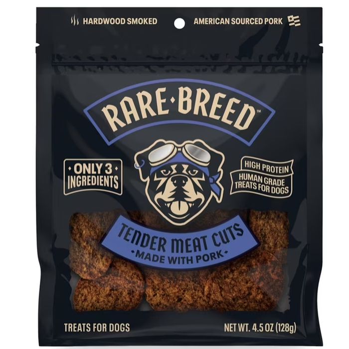 4 Bags of Rare Breed Tender Meat Cuts - Dog Treats (made with pork) - Each bag is 4.5ounces, making this a total of over a POUND of MADE IN THE USA human grade chewy treats - GREAT deal because the \