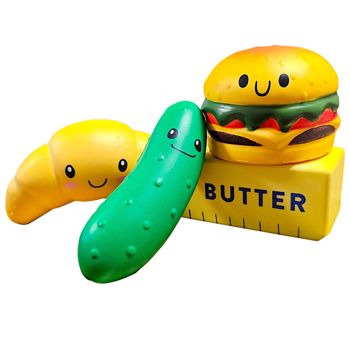 Squishy Stress Squeezers - Choose between Butter, Pickle, Hamburger or Croissant - Order 4 or more and SHIPPING IS FREE!