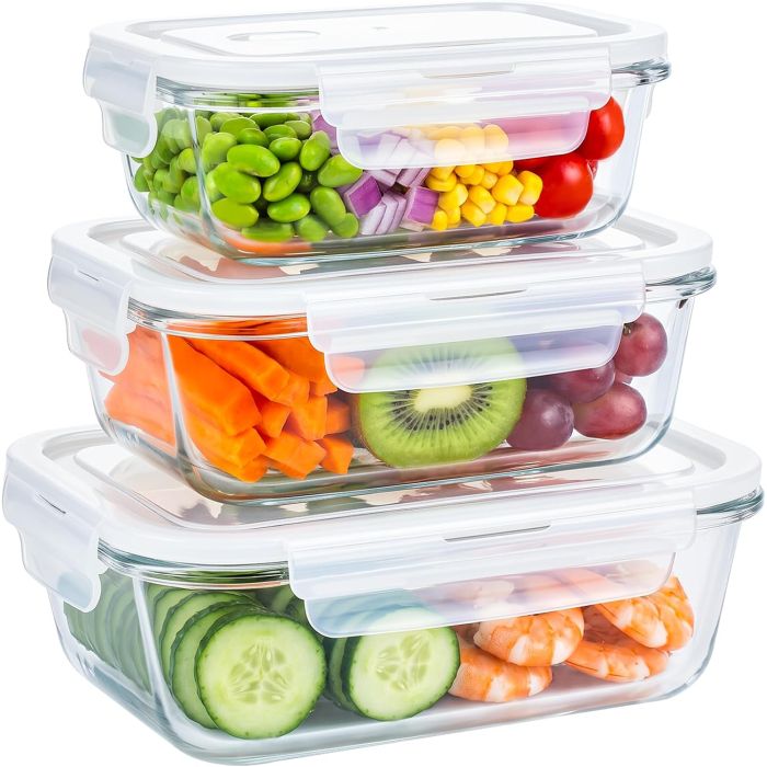 SET of THREE All-Glass Food Storage Containers with Lids, Airtight & Leakproof Meal Prep Containers Set, BPA-Free, Oven, Microwave, Freezer & Dishwasher Safe (14oz, 24oz, 35oz)