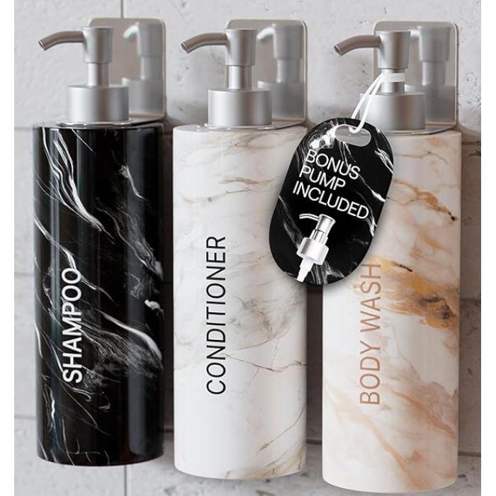 3-Piece Marble 17 oz Bathroom Dispenser Set – Elevate your bathroom with this stylish black, white, and marble-look dispenser set, perfect for shampoo, conditioner, and body wash. Each dispenser can be wall-mounted or displayed on your countertop for a clean, organized look. - SHIPS FREE!