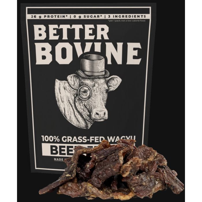 4 BAGS of BETTER BOVINE Grass Fed Wagyu Beef Jerky - 100% grass fed and grass finished, Non-GMO, and raised humanely and regeneratively without antibiotics or added hormones. 
