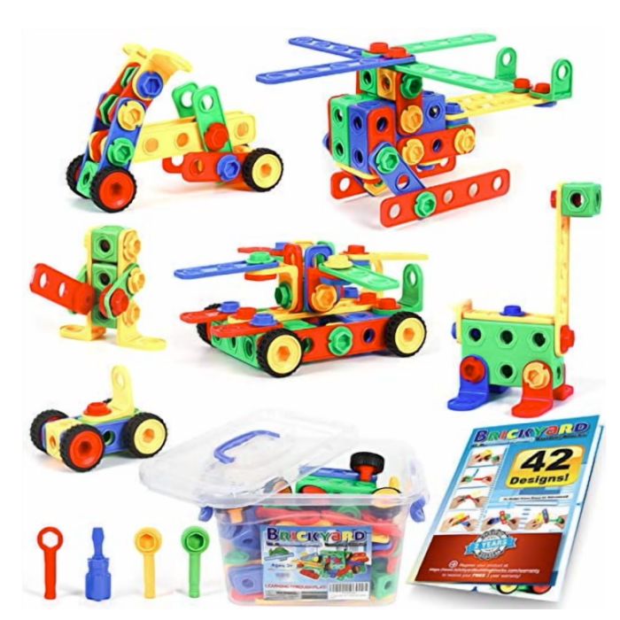 101 Piece Brickyard Building Blocks Set - Stem Construction Engineering - Includes 101 pieces including blocks, wrenches, wheels, nuts, and bolts to create all sorts of imaginative creations! Combine multiple sets together to create even bigger things! - Order 4 or more sets and SHIPPING IS FREE!