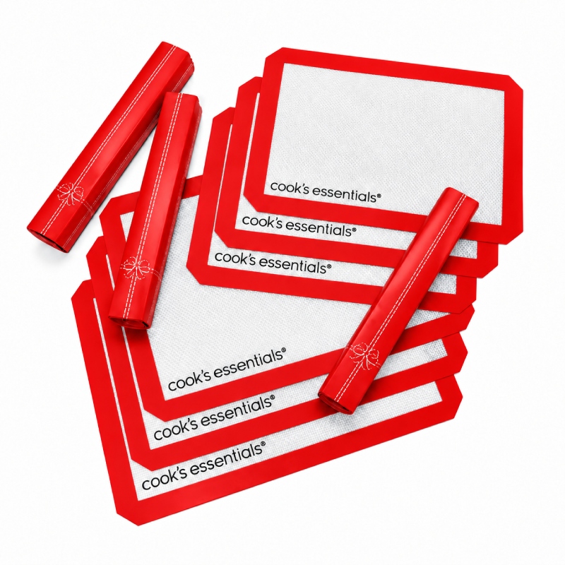 6 Piece Set of Cook’s Essentials Silicone Baking Mats - Cookies, pastries, bread even pizza lift right off these nonstick silicone mats without greasing or parchment paper, and cleanup is easy in the dishwasher. You get SIX mats, three of each size - three 16.5\
