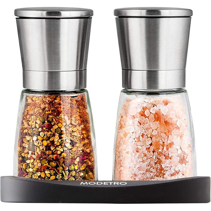 Premium Grade Glass Salt and Pepper Shakers Set Adjustable Coarseness and Base - SHIPS FREE!