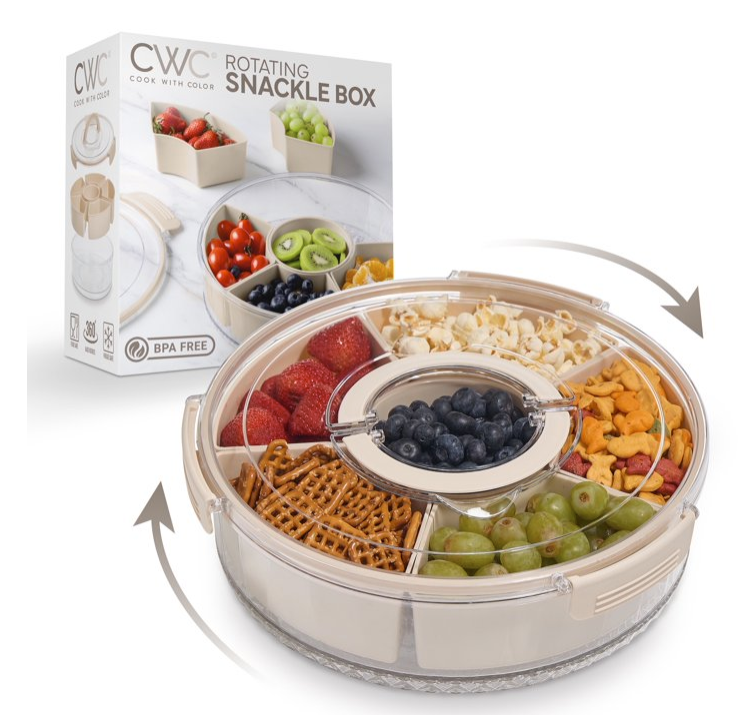 ($33 at Target with perfect 5-star reviews - see additional image) - Rotating Snackle Box With Handle - 6-Compartment Serving Tray with Lid and Handle - Use for snacks, veggies, fruits, and craft supplies! - GREAT deal because you will receive black, green or beige at random - SHIPS FREE!