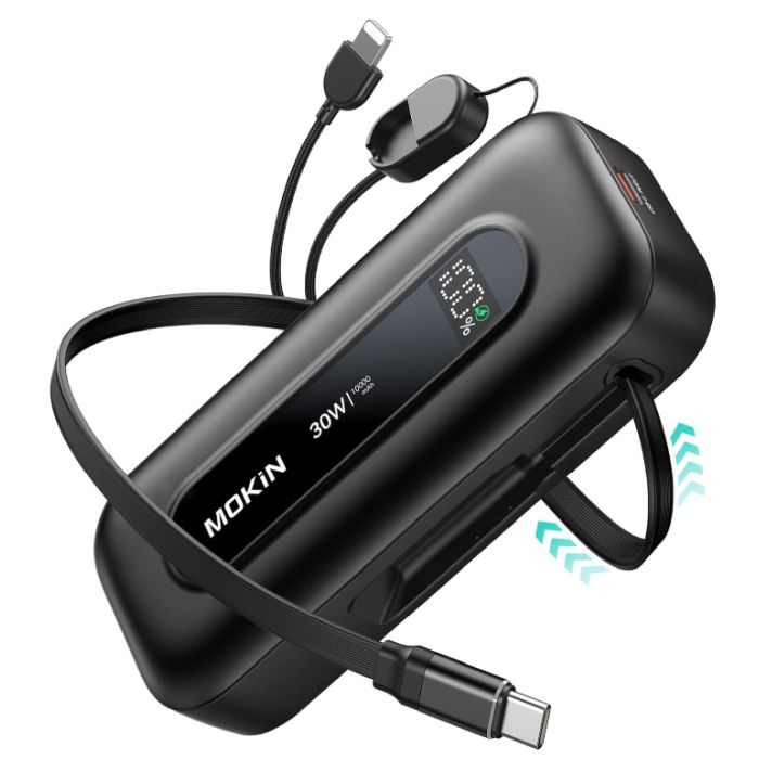 Portable Power Bank with 24 inch Retractable USB C Cables - This 10,000mAh Portable Power Bank Features Built-In Retractable USB-C and iOS Cables - Delivers Blazing 30W Fast Charging to Power Up Phones and Tablets in a Flash with Zero Cord Clutter - Includes an Integrated Detachable Carrying Strap for Total Grab-and-Go Convenience! - Order 2 or more and SHIPPING IS FREE!