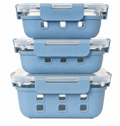 3 Piece Set of Silicone Wrapped Snap-Lock Brookstone Glass Food Storage Containers - Order 4 or more and SHIPPING IS FREE!
