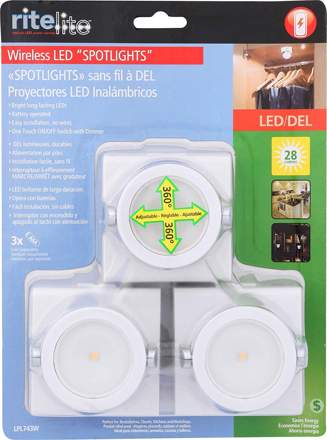Easy Rite Led Set of 3 Rite Lite Wireless LED Pivot and Swivel Lights - Place ...