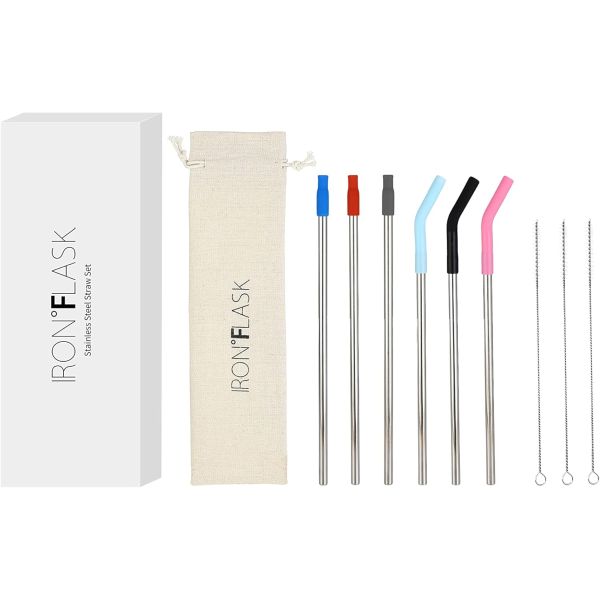 IRON °FLASK Reusable Straws - 10 Piece Set: 6 Stainless Steel Straws with Silicone Tips, 3 Flexible Cleaning Brushes Silicone Tips, 3 Cleaning Brushes & Travel Case - Compatible with all cups, bottles and tumblers including Stanley, Hydro Flask, Owala and more - Dishwasher Safe - <strong>$16 on amazon with 5-star reviews - See additional image </strong> - Order 2 or more and SHIPPING IS FREE!